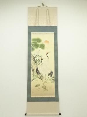 細野南洞筆　松竹梅鶴亀　肉筆絹本掛軸（共箱）